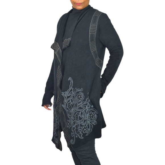 Paparazzi Biz Embroidered Asymmetric Cardigan Jacket Black Duster Cotton Medium - Picture 11 of 16